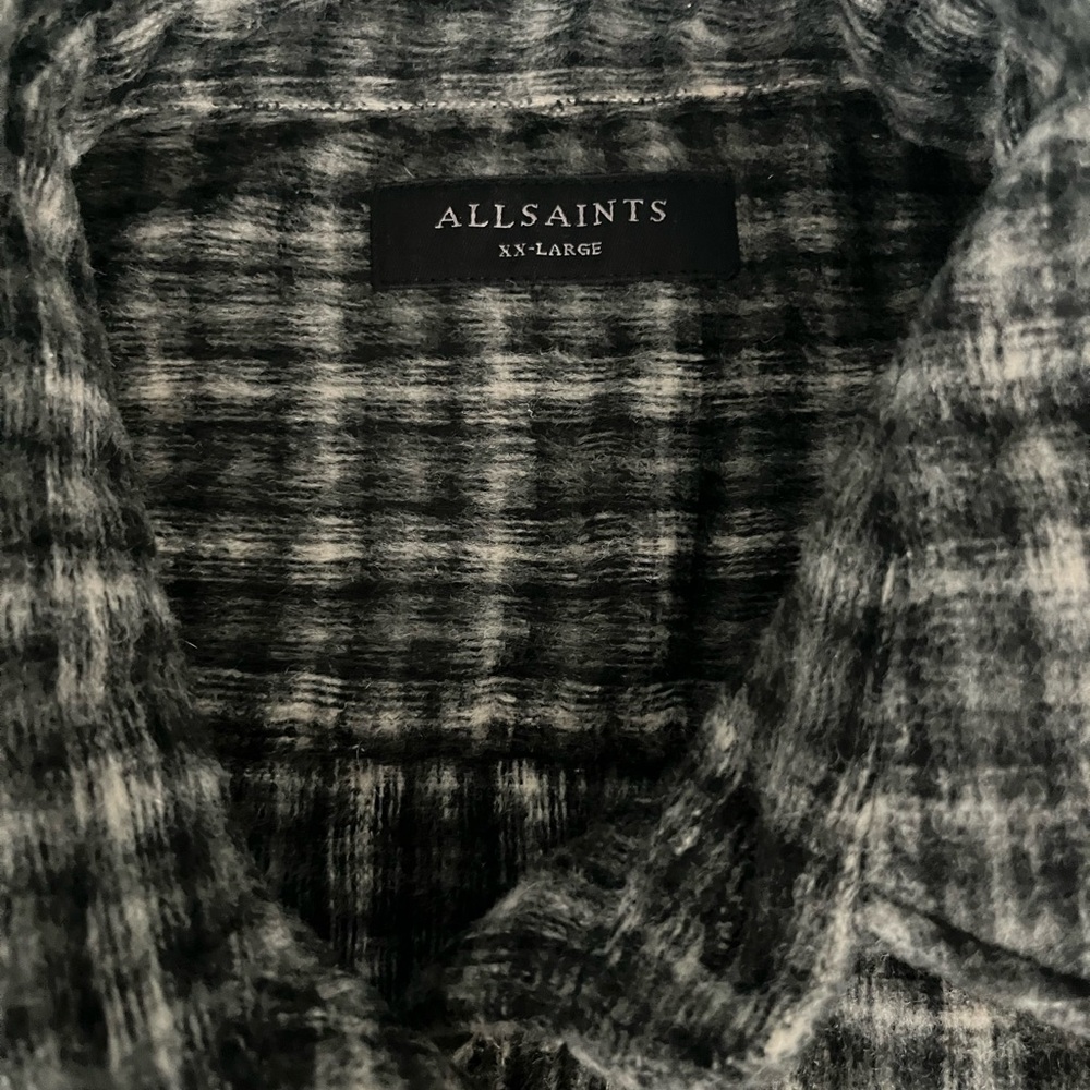 AllSaints Men's Casual Button-Down Shirt in Black and Gray Plaid
